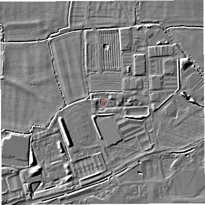Shaded relief map of the ground around BA228HL, computed from Environment Agency LiDAR. The ground here sits at about 18 m above sea level and falls 5 m across the surrounding 800 m. Surface water reaching this point runs off ground lying to the east-south-east, 2.6 m higher.