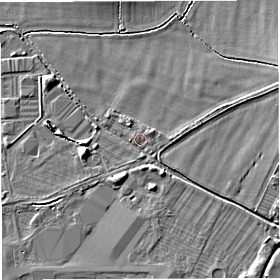 Shaded relief map of the ground around BA228HN, computed from Environment Agency LiDAR. The ground here sits at about 20 m above sea level and falls 6 m across the surrounding 800 m. Surface water reaching this point runs off ground lying to the east-north-east, 3.0 m higher.
