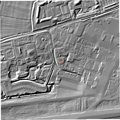 Shaded relief map of the ground around BA228HT, computed from Environment Agency LiDAR. The ground here sits at about 17 m above sea level and falls 6 m across the surrounding 800 m. Surface water reaching this point runs off ground lying to the north, 0.7 m higher.