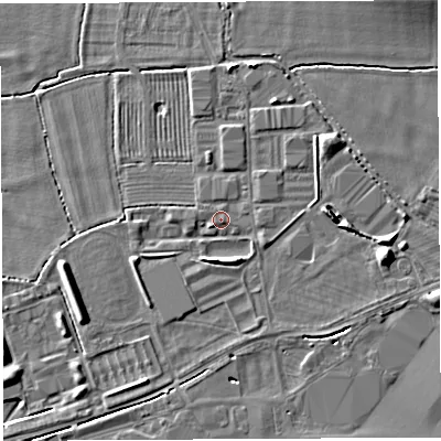 Shaded relief map of the ground around BA228HW, computed from Environment Agency LiDAR. The ground here sits at about 19 m above sea level and falls 8 m across the surrounding 800 m. The ground contributing surface water to this point lies to the east-south-east.