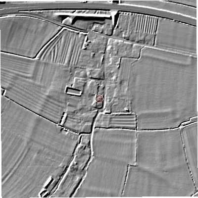 Shaded relief map of the ground around BA228JE, computed from Environment Agency LiDAR. The ground here sits at about 17 m above sea level and falls 7 m across the surrounding 800 m. Surface water reaching this point runs off ground lying to the north-north-east, 2.4 m higher.