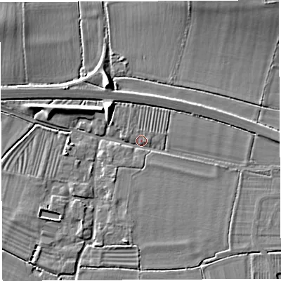 Shaded relief map of the ground around BA228JF, computed from Environment Agency LiDAR. The ground here sits at about 16 m above sea level and falls 8 m across the surrounding 800 m. Surface water reaching this point runs off ground lying to the east, 3.4 m higher.