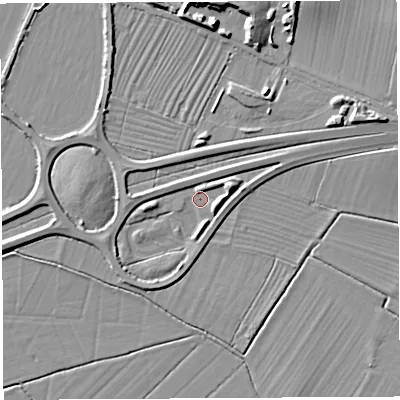 Shaded relief map of the ground around BA228JG, computed from Environment Agency LiDAR. The ground here sits at about 15 m above sea level and falls 9 m across the surrounding 800 m. Surface water reaching this point runs off ground lying to the east-north-east, 4.4 m higher.
