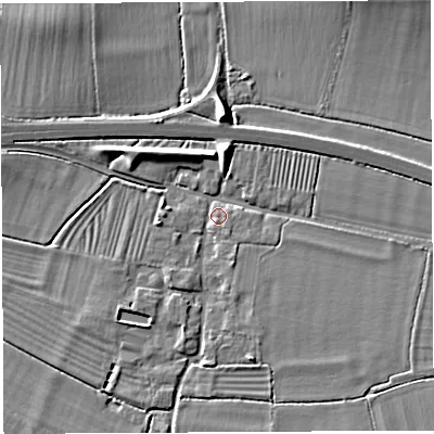 Shaded relief map of the ground around BA228JH, computed from Environment Agency LiDAR. The ground here sits at about 16 m above sea level and falls 8 m across the surrounding 800 m. Surface water reaching this point runs off ground lying to the south-south-east, 2.0 m higher.