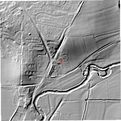 Shaded relief map of the ground around BA228LA, computed from Environment Agency LiDAR. The ground here sits at about 16 m above sea level and falls 16 m across the surrounding 800 m. Surface water reaching this point runs off ground lying to the north-north-east, 5.9 m higher.