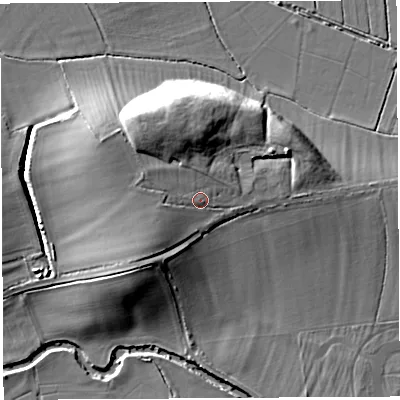 Shaded relief map of the ground around BA228LB, computed from Environment Agency LiDAR. The ground here sits at about 21 m above sea level and falls 14 m across the surrounding 800 m. Surface water reaching this point runs off ground lying to the north-north-west, 6.2 m higher.