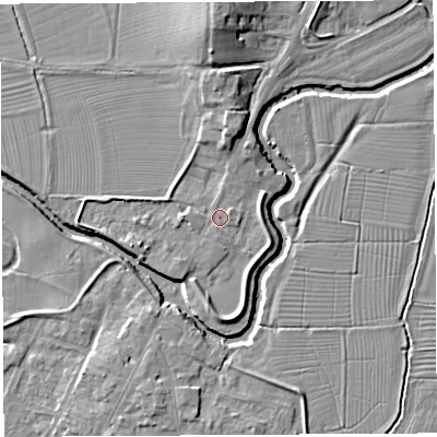 Shaded relief map of the ground around BA228LD, computed from Environment Agency LiDAR. The ground here sits at about 13 m above sea level and falls 11 m across the surrounding 800 m. Surface water reaching this point runs off ground lying to the north-north-east, 2.1 m higher.