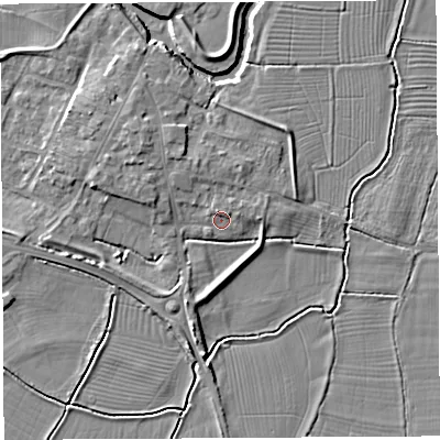 Shaded relief map of the ground around BA228LP, computed from Environment Agency LiDAR. The ground here sits at about 14 m above sea level and falls 6 m across the surrounding 800 m. Surface water reaching this point runs off ground lying to the north-north-west, 1.4 m higher.