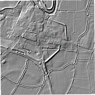Shaded relief map of the ground around BA228LQ, computed from Environment Agency LiDAR. The ground here sits at about 14 m above sea level and falls 6 m across the surrounding 800 m. Surface water reaching this point runs off ground lying to the south-south-west, 2.9 m higher.