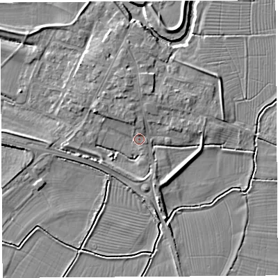 Shaded relief map of the ground around BA228LR, computed from Environment Agency LiDAR. The ground here sits at about 13 m above sea level and falls 6 m across the surrounding 800 m. Surface water reaching this point runs off ground lying to the north-north-west, 4.1 m higher.