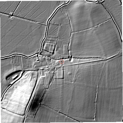 Shaded relief map of the ground around BA228LT, computed from Environment Agency LiDAR. The ground here sits at about 13 m above sea level and falls 12 m across the surrounding 800 m. Surface water reaching this point runs off ground lying to the south-east, 3.2 m higher.