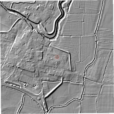 Shaded relief map of the ground around BA228LU, computed from Environment Agency LiDAR. The ground here sits at about 14 m above sea level and falls 6 m across the surrounding 800 m. Surface water reaching this point runs off ground lying to the west-south-west, 1.0 m higher.