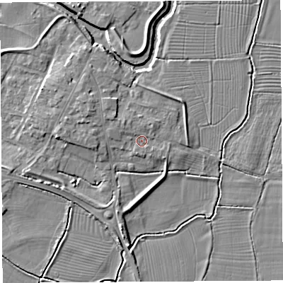 Shaded relief map of the ground around BA228LX, computed from Environment Agency LiDAR. The ground here sits at about 14 m above sea level and falls 6 m across the surrounding 800 m. Surface water reaching this point runs off ground lying to the south-south-west, 1.1 m higher.