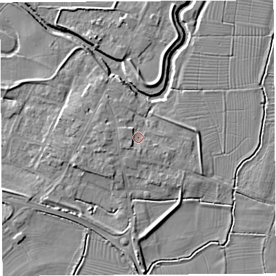 Shaded relief map of the ground around BA228LY, computed from Environment Agency LiDAR. The ground here sits at about 14 m above sea level and falls 6 m across the surrounding 800 m. Surface water reaching this point runs off ground lying to the south-south-east, 1.1 m higher.