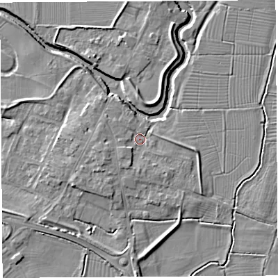 Shaded relief map of the ground around BA228LZ, computed from Environment Agency LiDAR. The ground here sits at about 13 m above sea level and falls 6 m across the surrounding 800 m. Surface water reaching this point runs off ground lying to the south-south-west, 2.7 m higher.