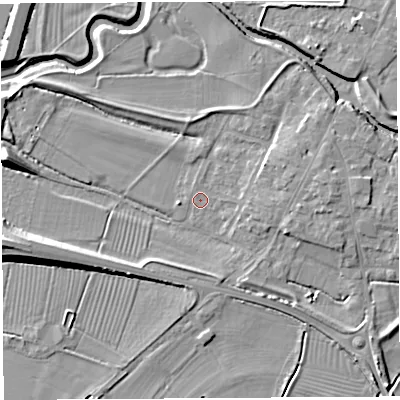 Shaded relief map of the ground around BA228NA, computed from Environment Agency LiDAR. The ground here sits at about 12 m above sea level and falls 11 m across the surrounding 800 m. Surface water reaching this point runs off ground lying to the east, 2.7 m higher.
