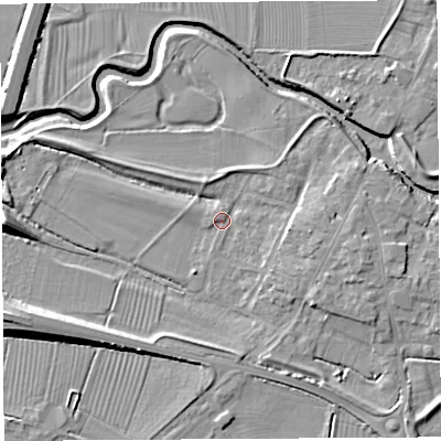 Shaded relief map of the ground around BA228NB, computed from Environment Agency LiDAR. The ground here sits at about 13 m above sea level and falls 10 m across the surrounding 800 m. Surface water reaching this point runs off ground lying to the east, 3.2 m higher.