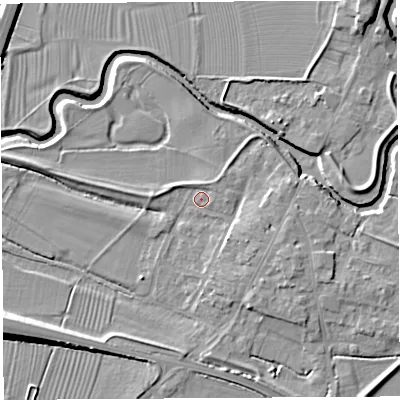 Shaded relief map of the ground around BA228ND, computed from Environment Agency LiDAR. The ground here sits at about 13 m above sea level and falls 9 m across the surrounding 800 m. Surface water reaching this point runs off ground lying to the east-south-east, 3.1 m higher.