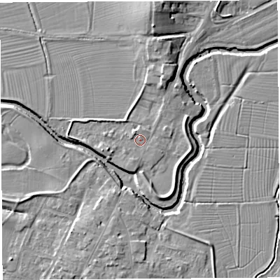 Shaded relief map of the ground around BA228NG, computed from Environment Agency LiDAR. The ground here sits at about 13 m above sea level and falls 11 m across the surrounding 800 m. Surface water reaching this point runs off ground lying to the north-north-west, 1.4 m higher.