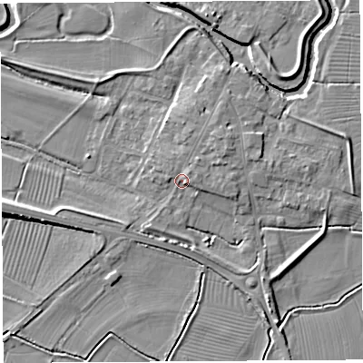 Shaded relief map of the ground around BA228NL, computed from Environment Agency LiDAR. The ground here sits at about 14 m above sea level and falls 7 m across the surrounding 800 m. Surface water reaching this point runs off ground lying to the north-east, 4.1 m higher.