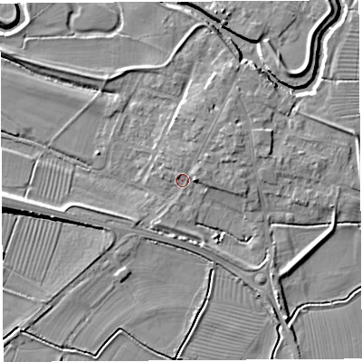 Shaded relief map of the ground around BA228NN, computed from Environment Agency LiDAR. The ground here sits at about 13 m above sea level and falls 8 m across the surrounding 800 m. Surface water reaching this point runs off ground lying to the east-north-east, 4.2 m higher.