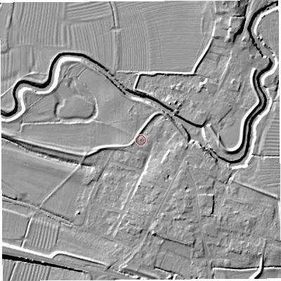 Shaded relief map of the ground around BA228NR, computed from Environment Agency LiDAR. The ground here sits at about 13 m above sea level and falls 8 m across the surrounding 800 m. Surface water reaching this point runs off ground lying to the west, 1.4 m higher.