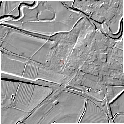 Shaded relief map of the ground around BA228NS, computed from Environment Agency LiDAR. The ground here sits at about 12 m above sea level and falls 10 m across the surrounding 800 m. Surface water reaching this point runs off ground lying to the east, 1.4 m higher.