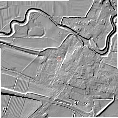 Shaded relief map of the ground around BA228NT, computed from Environment Agency LiDAR. The ground here sits at about 12 m above sea level and falls 8 m across the surrounding 800 m. Surface water reaching this point runs off ground lying to the east, 3.1 m higher.