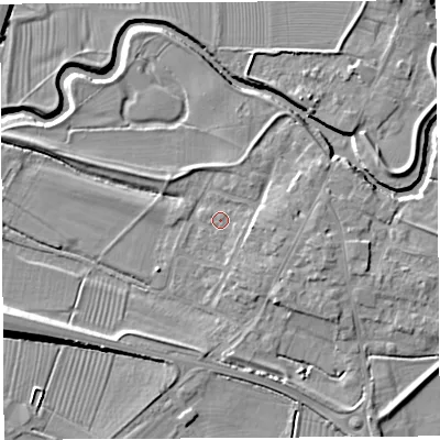 Shaded relief map of the ground around BA228NU, computed from Environment Agency LiDAR. The ground here sits at about 13 m above sea level and falls 9 m across the surrounding 800 m. Surface water reaching this point runs off ground lying to the east-south-east, 2.9 m higher.