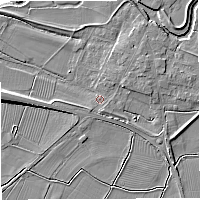 Shaded relief map of the ground around BA228NW, computed from Environment Agency LiDAR. The ground here sits at about 13 m above sea level and falls 9 m across the surrounding 800 m. Surface water reaching this point runs off ground lying to the west, 5.4 m higher.