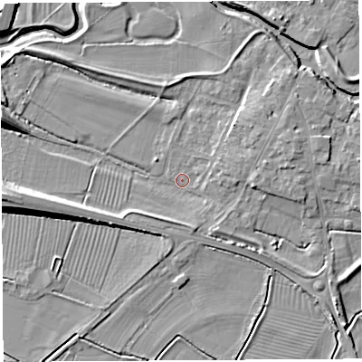 Shaded relief map of the ground around BA228NX, computed from Environment Agency LiDAR. The ground here sits at about 12 m above sea level and falls 10 m across the surrounding 800 m. Surface water reaching this point runs off ground lying to the west, 6.0 m higher.