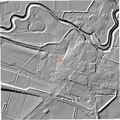 Shaded relief map of the ground around BA228NY, computed from Environment Agency LiDAR. The ground here sits at about 13 m above sea level and falls 8 m across the surrounding 800 m. Surface water reaching this point runs off ground lying to the east, 2.2 m higher.