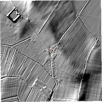 Shaded relief map of the ground around BA228PE, computed from Environment Agency LiDAR. The ground here sits at about 15 m above sea level and falls 11 m across the surrounding 800 m. Surface water reaching this point runs off ground lying to the north-east, 5.2 m higher.