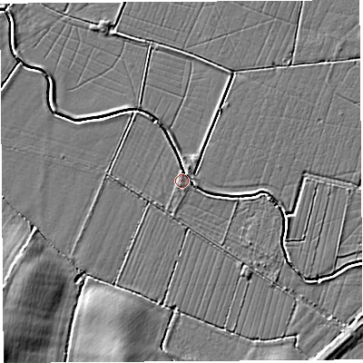 Shaded relief map of the ground around BA228PP, computed from Environment Agency LiDAR. The ground here sits at about 11 m above sea level and falls 6 m across the surrounding 800 m. Surface water reaching this point runs off ground lying to the north, 0.7 m higher.