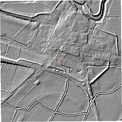 Shaded relief map of the ground around BA228PS, computed from Environment Agency LiDAR. The ground here sits at about 13 m above sea level and falls 6 m across the surrounding 800 m. Surface water reaching this point runs off ground lying to the north-east, 4.1 m higher.