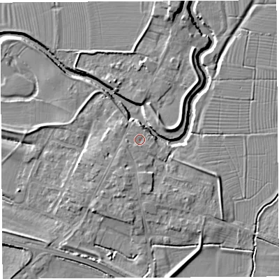 Shaded relief map of the ground around BA228QP, computed from Environment Agency LiDAR. The ground here sits at about 14 m above sea level and falls 8 m across the surrounding 800 m. Surface water reaching this point runs off ground lying to the south-south-west, 1.8 m higher.