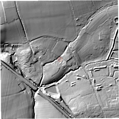 Shaded relief map of the ground around BA228SU, computed from Environment Agency LiDAR. The ground here sits at about 60 m above sea level and falls 32 m across the surrounding 800 m. Surface water reaching this point runs off ground lying to the north-north-east, 19.4 m higher.
