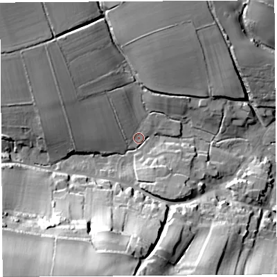 Shaded relief map of the ground around BA229AD, computed from Environment Agency LiDAR. The ground here sits at about 72 m above sea level and falls 60 m across the surrounding 800 m. Surface water reaching this point runs off ground lying to the south-west, 57.5 m higher.