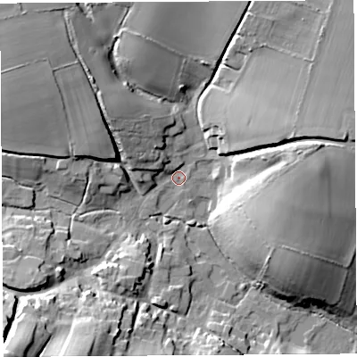 Shaded relief map of the ground around BA229AG, computed from Environment Agency LiDAR. The ground here sits at about 70 m above sea level and falls 36 m across the surrounding 800 m. Surface water reaching this point runs off ground lying to the north-east, 20.8 m higher.