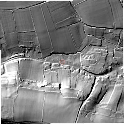 Shaded relief map of the ground around BA229AT, computed from Environment Agency LiDAR. The ground here sits at about 73 m above sea level and falls 66 m across the surrounding 800 m. Surface water reaching this point runs off ground lying to the south, 55.3 m higher.