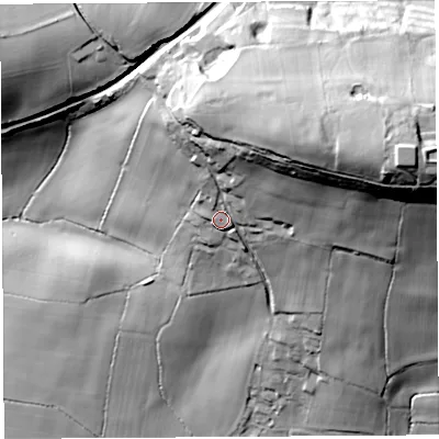 Shaded relief map of the ground around BA229DG, computed from Environment Agency LiDAR. The ground here sits at about 89 m above sea level and falls 96 m across the surrounding 800 m. Surface water reaching this point runs off ground lying to the north-east, 42.5 m higher.