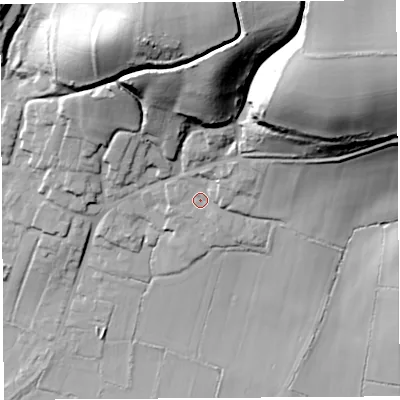 Shaded relief map of the ground around BA229DR, computed from Environment Agency LiDAR. The ground here sits at about 47 m above sea level and falls 70 m across the surrounding 800 m. Surface water reaching this point runs off ground lying to the north, 56.6 m higher.