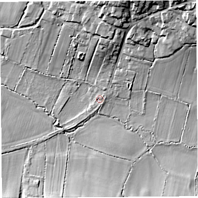 Shaded relief map of the ground around BA229EA, computed from Environment Agency LiDAR. The ground here sits at about 35 m above sea level and falls 24 m across the surrounding 800 m. Surface water reaching this point runs off ground lying to the north, 13.9 m higher.