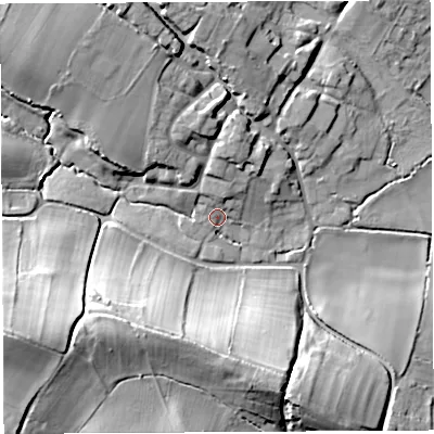 Shaded relief map of the ground around BA229EX, computed from Environment Agency LiDAR. The ground here sits at about 55 m above sea level and falls 40 m across the surrounding 800 m. Surface water reaching this point runs off ground lying to the north-north-east, 3.4 m higher.