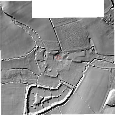 Shaded relief map of the ground around BA229HB, computed from Environment Agency LiDAR. The ground here sits at about 44 m above sea level and falls 21 m across the surrounding 800 m. Surface water reaching this point runs off ground lying to the north-west, 4.4 m higher.