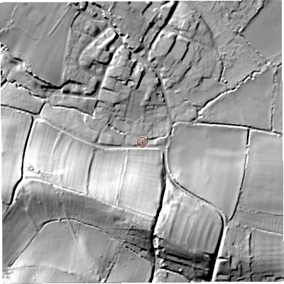 Shaded relief map of the ground around BA229JJ, computed from Environment Agency LiDAR. The ground here sits at about 54 m above sea level and falls 38 m across the surrounding 800 m. Surface water reaching this point runs off ground lying to the west-south-west, 26.0 m higher.