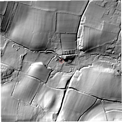 Shaded relief map of the ground around BA229NG, computed from Environment Agency LiDAR. The ground here sits at about 63 m above sea level and falls 41 m across the surrounding 800 m. Surface water reaching this point runs off ground lying to the north-north-west, 17.7 m higher.