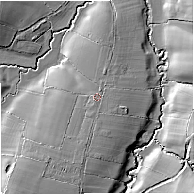 Shaded relief map of the ground around BA229RR, computed from Environment Agency LiDAR. The ground here sits at about 66 m above sea level and falls 19 m across the surrounding 800 m. Surface water reaching this point runs off ground lying to the south-south-west, 3.0 m higher.