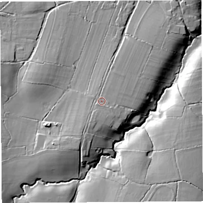 Shaded relief map of the ground around BA229RY, computed from Environment Agency LiDAR. The ground here sits at about 76 m above sea level and falls 18 m across the surrounding 800 m. Surface water reaching this point runs off ground lying to the south-south-west, 4.8 m higher.