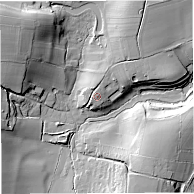 Shaded relief map of the ground around BA229TD, computed from Environment Agency LiDAR. The ground here sits at about 48 m above sea level and falls 38 m across the surrounding 800 m. Surface water reaching this point runs off ground lying to the north-north-east, 15.4 m higher.